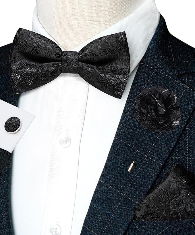 JEMYGINS Floral Pre-tied Bow Tie and Pocket Square Cufflinks Lapel Pin Sets for Men 4PCS