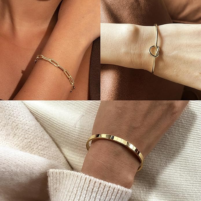 Reoxvo Gold Plated Bangle Cuff Bracelets for Women Non Tarnish Gold Bracelet Stack Jewelry Set for Women Trendy