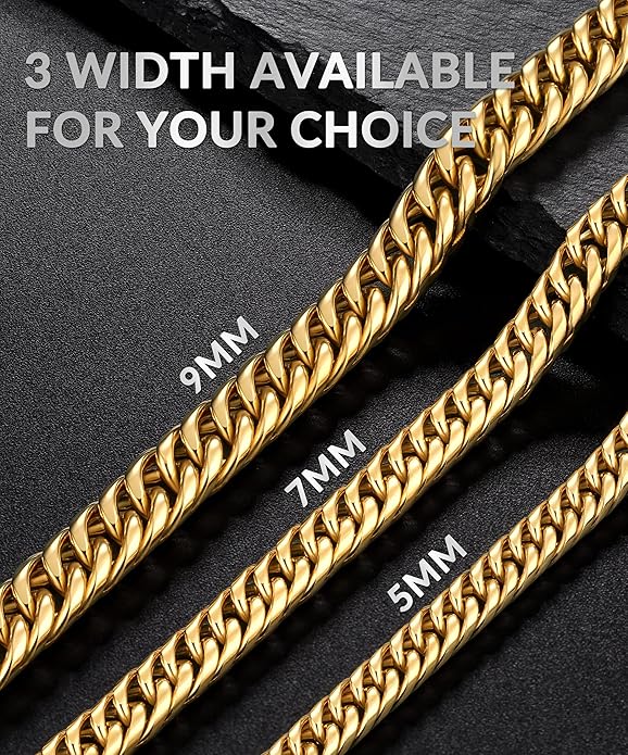 Joymoly 5MM/7MM/9MM Cuban Link Chain for Men Boys with Push-Lock Clasp, Thick 18K Gold Plated Stainless Steel Chains for Men, Cool Mens Necklace Chain 18/20/22/24/26 Inch