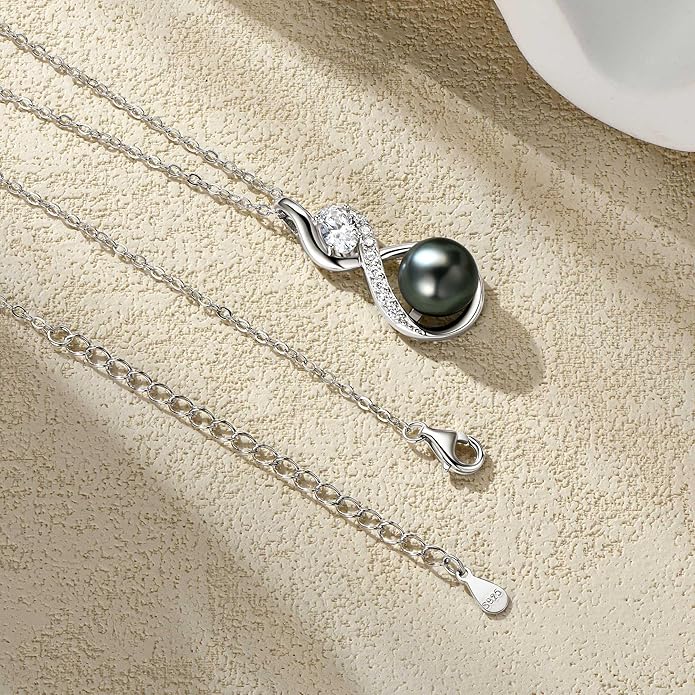 Tahitian Black Pearl Necklaces for Women, 925 Sterling Silver Pearl Pendant Necklace, Birthday Anniversary Jewelry Gifts for Wife Mom