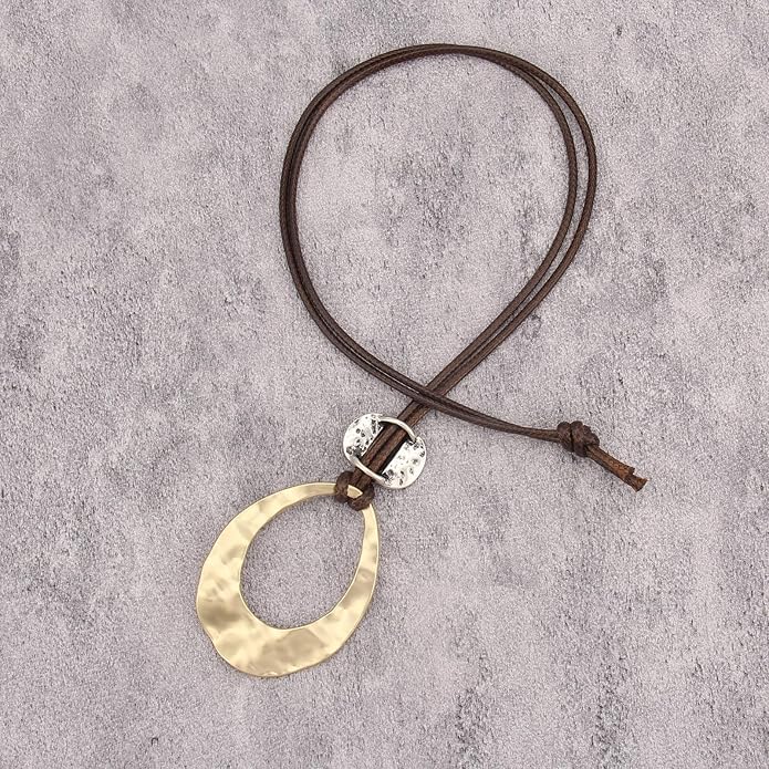 Long Boho Necklaces for Women Vintage Leather Wooden Pendant Y Choker Ethnic Style Gold Circle Hippie Sweater Necklace