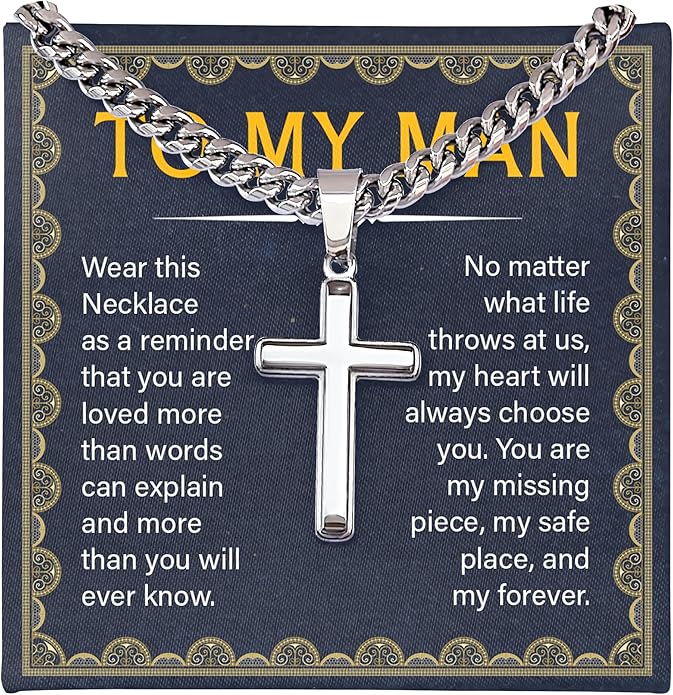 FLAGISTA To My Man Cross Necklace, Stainless Steel Cross Pendant with Adjustable Cuban Link Chain, Meaningful Gift for Him.
