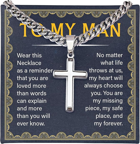 FLAGISTA To My Man Cross Necklace, Stainless Steel Cross Pendant with Adjustable Cuban Link Chain, Meaningful Gift for Him.