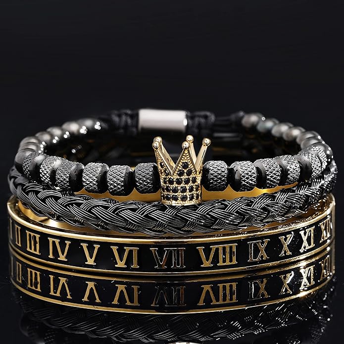 WFYOU 3PCS Stainless Steel Bracelets for Men Gold Roman Numeral Bangle Bracelet Twisted Cable Bracelet Adjustable Cuff Bracelet Mens Luxury Jewelry Bracelets Gifts