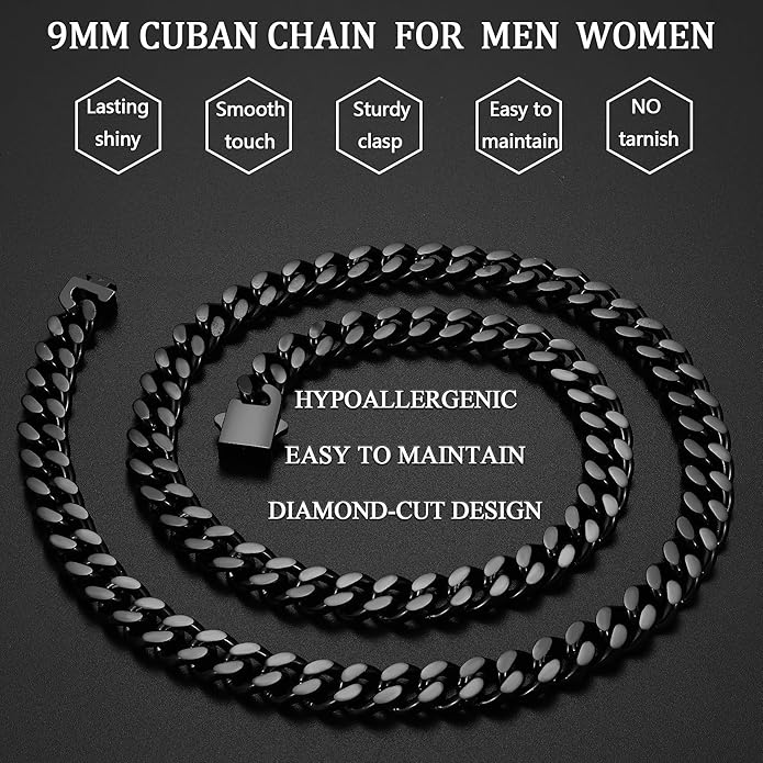 Fiusem Valentines Day Gifts for Him Silver Tone/Black/14K Gold Plated Chain Necklace for Men, 5mm/6mm/7.5mm/8mm/9mm Stainless Steel Cuban Link Chain Necklace, Men's Chains 18-28 Inch Jewelry Gifts