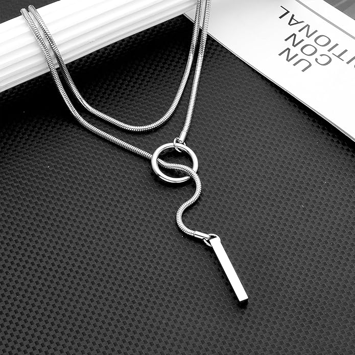 Slip Chain Necklaces for Women Stainless Steel Bar Pendant Choker Necklace Boho Handmade Long Lariat Necklace Silver Statement Punk Rock Collar Jewelry