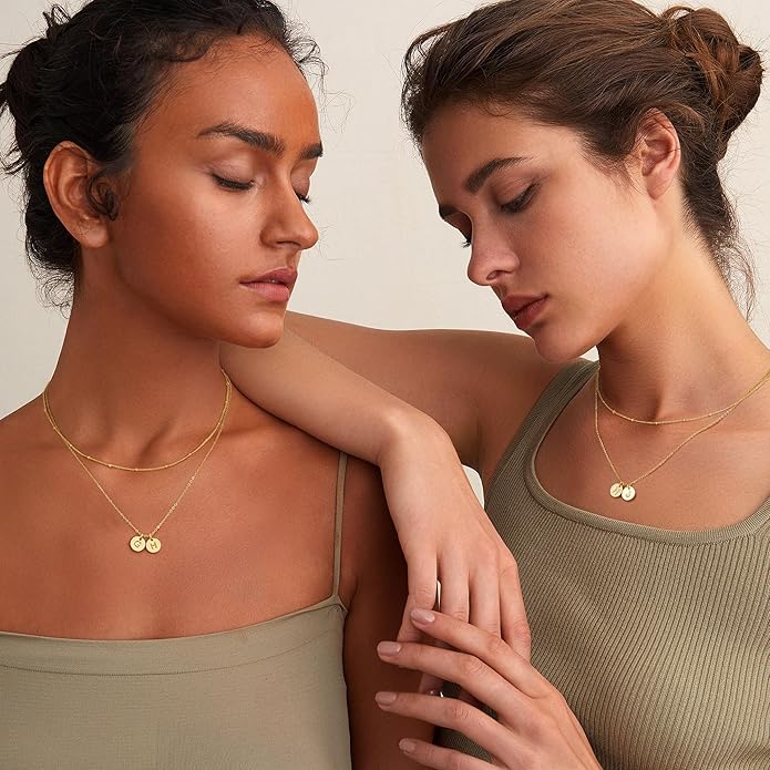 Turandoss Gold Initial Necklaces for Women - Dainty 14K 14K-Gold-Plated Layered Two Letter A-Z Stack Disc Initial Necklace Trendy, Birthday Personalized Gifts for Women Teen Girls Jewelry