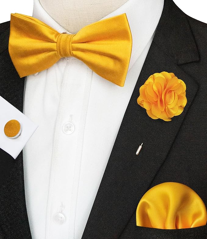 JEMYGINS Solid Color mens Pre-tied Bow Tie and Pocket Square Cufflinks Sets with Gift Box