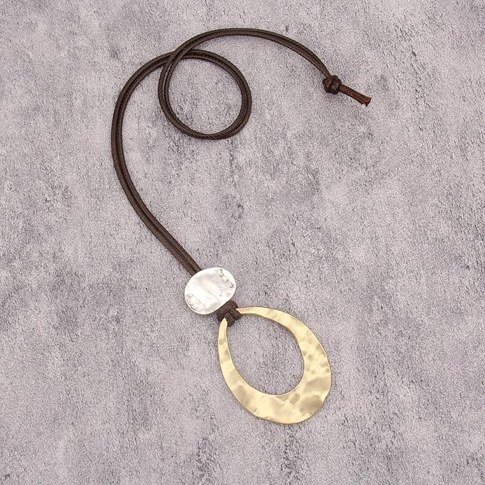 Long Boho Necklaces for Women Vintage Leather Wooden Pendant Y Choker Ethnic Style Gold Circle Hippie Sweater Necklace