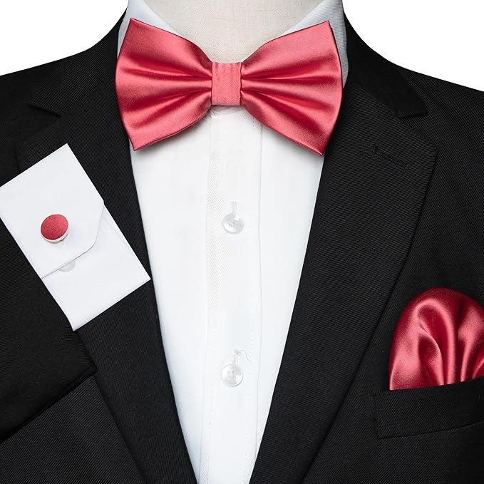 JEMYGINS Solid Color mens Pre-tied Bow Tie and Pocket Square Cufflinks Sets with Gift Box