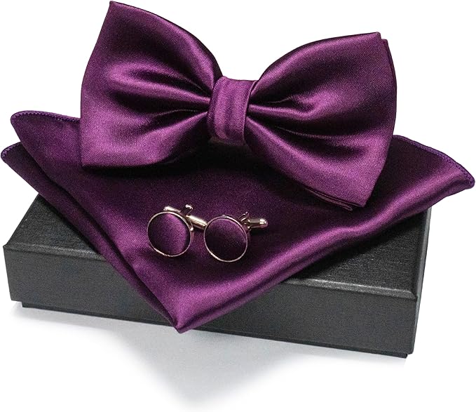 JEMYGINS Solid Color mens Pre-tied Bow Tie and Pocket Square Cufflinks Sets with Gift Box