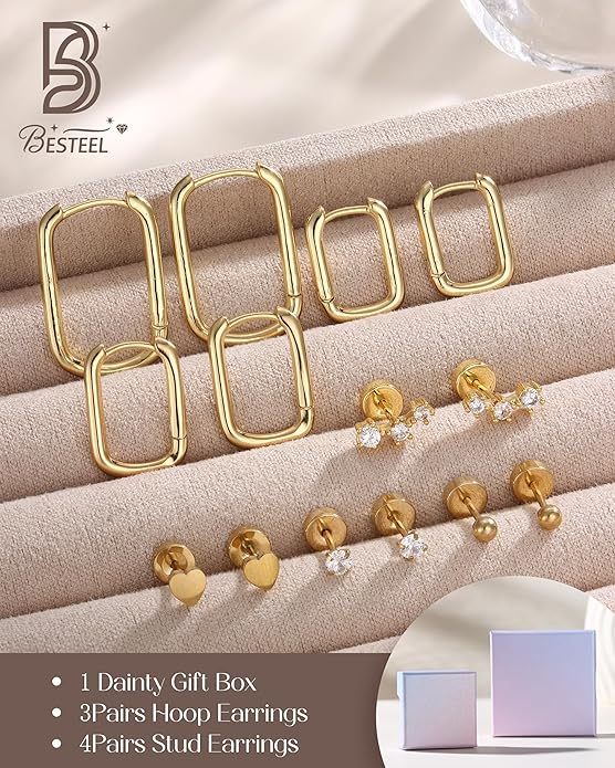 Hypoallergenic 14K Gold Plated Hoop Stud Earrings for Women Surgical Stainless Steel Flat Back Earrings Lightweight Small Chunky Huggie Hoops Cartilage Earring Stacks for Multiple Piercing Women Gifts