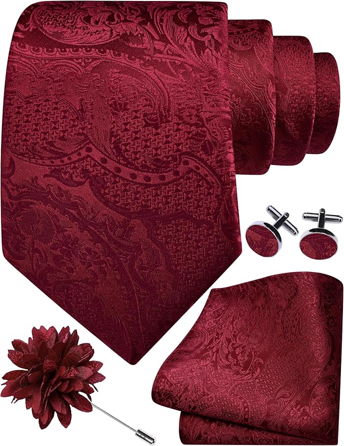 GUSLESON 8cm Paisley Tie Set for Men Necktie Lapel Pin Pocket Square Cufflinks Set for Men