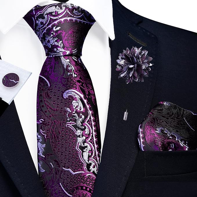 GUSLESON 8cm Paisley Tie Set for Men Necktie Lapel Pin Pocket Square Cufflinks Set for Men
