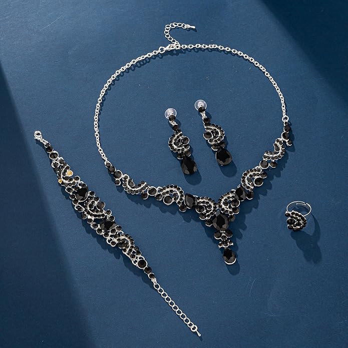 Paxuan Crystal Bridal Wedding Jewelry Sets for Women Rhinestone Teardrop Crystal Statement Choker Necklace Drop Earrings Link Bracelets Rings Teardrop Jewelry Set for Brides Bridesmaids