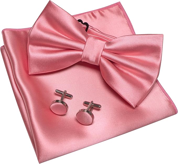 JEMYGINS Solid Color mens Pre-tied Bow Tie and Pocket Square Cufflinks Sets with Gift Box