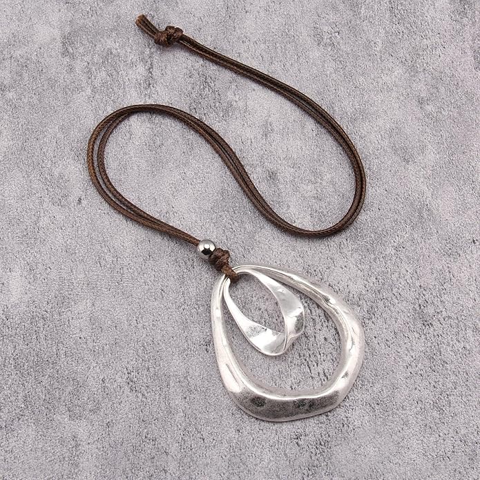 Long Boho Necklaces for Women Vintage Leather Wooden Pendant Y Choker Ethnic Style Gold Circle Hippie Sweater Necklace