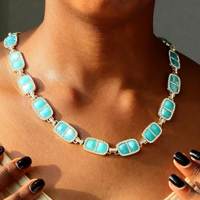 Chunky Necklace for Women 12 Colors Diamond Stone Gold Statement Necklace for Women Full Trendy Blue Birthstone Choker Necklace for Women Square Design Necklace Jewelry