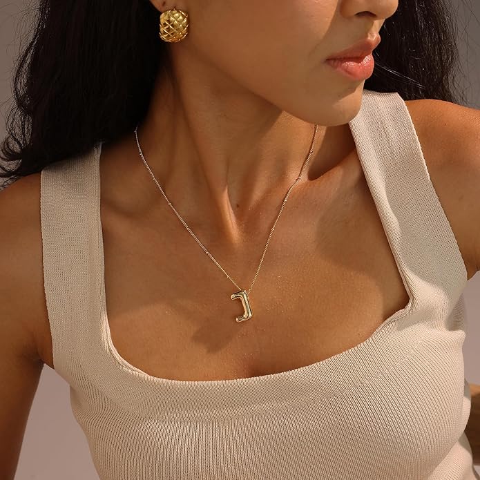 Initial Necklaces for Women, 14k Gold Plated Bubble Letter Necklace Chunky Gold Necklace Dainty Charm Initial Necklaces for Women Trendy Custom Preppy Stocking Stuff Necklace Christmas Gifts