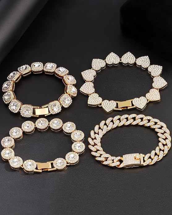 shopbyskyler 4PCS Gold Bracelets for Women Silver Clustered Tennis Bracelet for Women Heart Round Diamond Cuban Bracelet Layered Link Bracelet Set Fashion Jewelry for Women Set