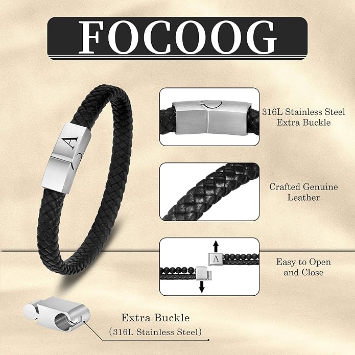 Leather Bracelets for Mens Gifts - Premium Genuine Leather Adjustable Stainless Steel Magnetic Clasp Mens Initial Bracelet, Unique Gifts for Men Husband Dad Son