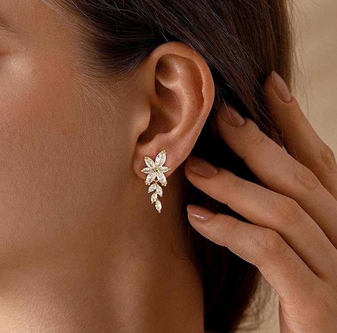 Gold Earrings for Women,Dainty 14k Gold Plated Pearl Drop Earring Dangle Pearl Dangling Earrings for Women Trendy Small Cute Wedding CZ Earring Long Chain Threader Prom Jewelry Gifts