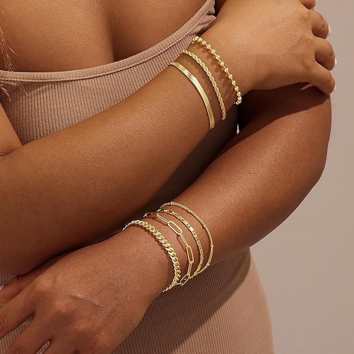 Gold Bracelets for Women Non Tainish,Dainty Bracelets Stack for Women Trendy, Gold Plated Cuff Bracelets Stack With Beaded Cuban Paperclip Snake Rope Bangle Hand Chain Jewelry Gifts for Women