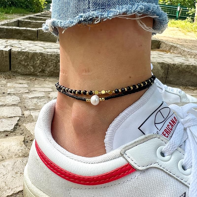 Made by Nami Boho Surfer Anklet Waterproof & Adjustable Beaded Anklets for Women Beachy Ankle Bracelet Made from Waxed Cotton Rope and Beads for Summer and Hippie Style (Black Pearl)