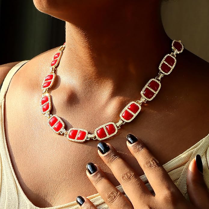 Chunky Necklace for Women 12 Colors Diamond Stone Gold Statement Necklace for Women Full Trendy Blue Birthstone Choker Necklace for Women Square Design Necklace Jewelry