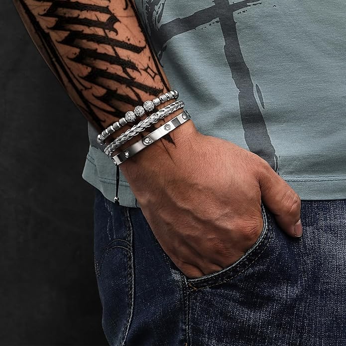 WFYOU 3PCS Stainless Steel Bracelets for Men Gold Roman Numeral Bangle Bracelet Twisted Cable Bracelet Adjustable Cuff Bracelet Mens Luxury Jewelry Bracelets Gifts