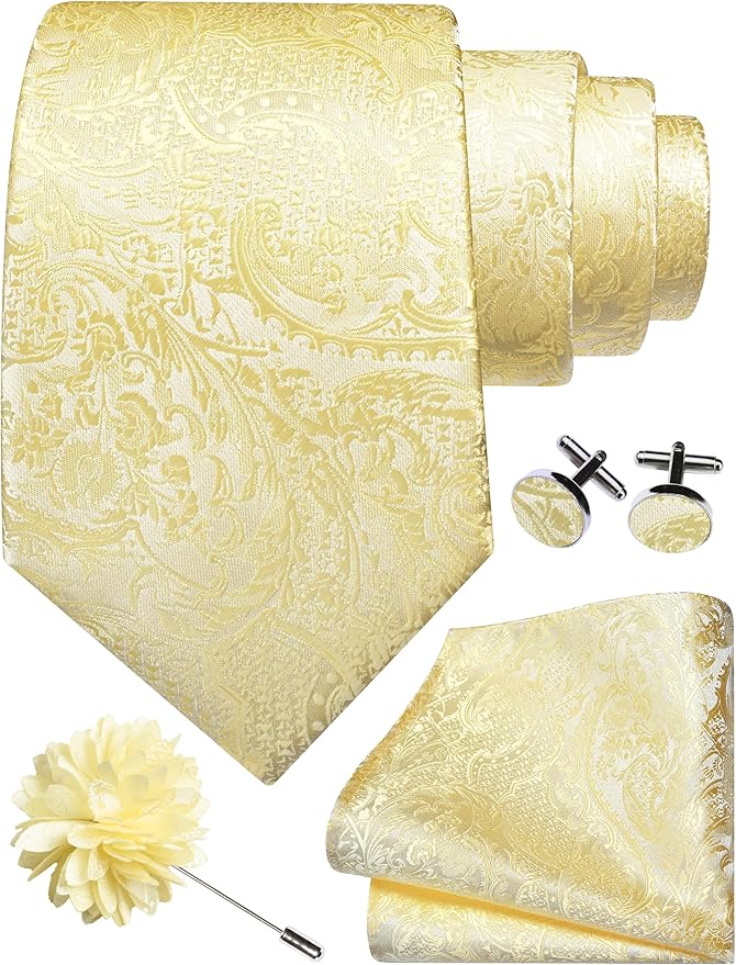 GUSLESON 8cm Paisley Tie Set for Men Necktie Lapel Pin Pocket Square Cufflinks Set for Men