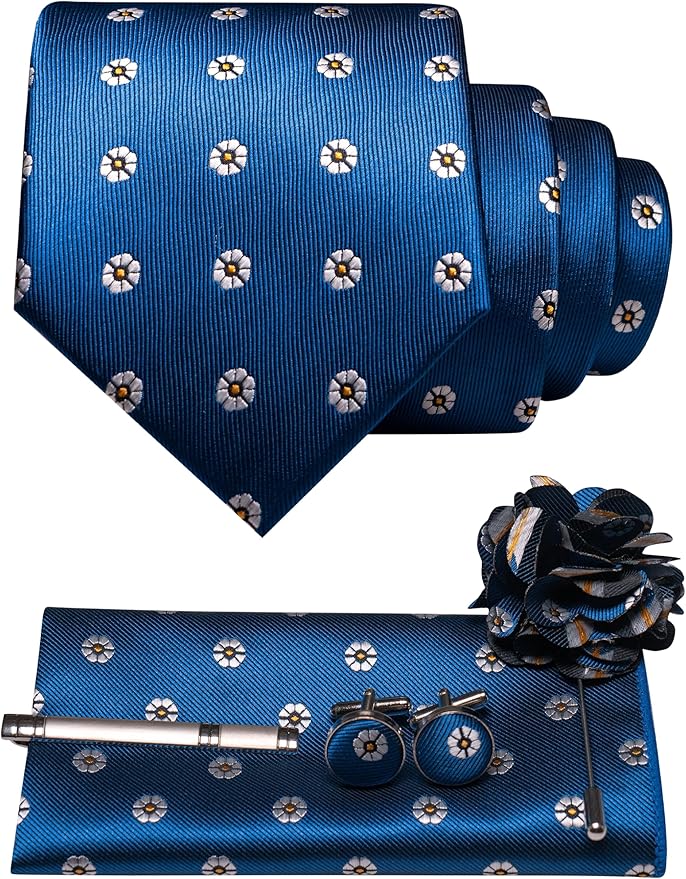 JEMYGINS Mens Tie and Lapel Pin Necktie Pocket Square Cufflinks and Tie Clip Sets for Business Casual 5PCS