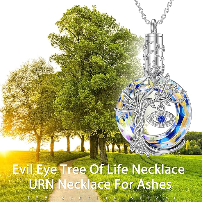 TOUPOP Evil Eye Necklace 925 Sterling Silver Tree of Life Circle Crystal Pendant Necklace Protection Jewelry Amulet Christmas Gifts for Women Her