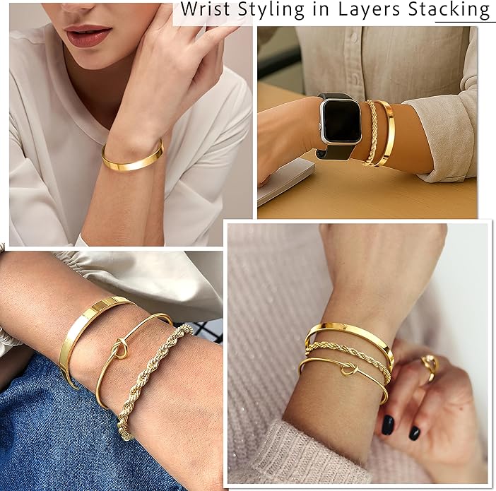 Silver Bracelets for Women Stack, Silver or Gold Plated Cuff Bangle Set, Trendy Silver Jewelry for Women Fashion