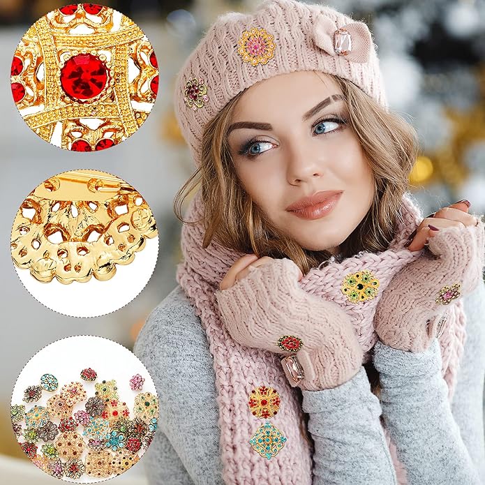 MTLEE 36 Pieces Brooches and Pins for Women Rhinestone Brooches Bulk Crystal Vintage Decorative Flower Lapel Pins Mixed Color Costume Jewelry Retro for Wedding Party Bouquet Crafts Kit Gifts