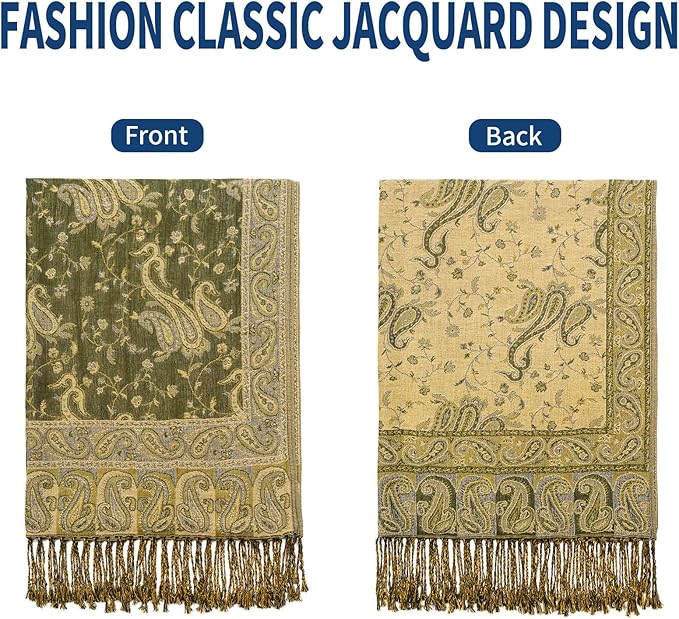 QIUTIMIY Paisley Pashmina Shawl Wrap Women Reversible Vintage Jacquard Pashmina Rave Scarf with Fringe for Evening, Wedding