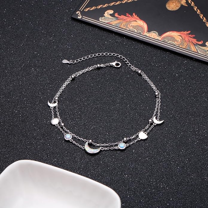 FLYOW Anklet for Women S925 Sterling Silver Adjustable Foot Beaded Heart Charm Ankle Bracelet Anklets Jewelry