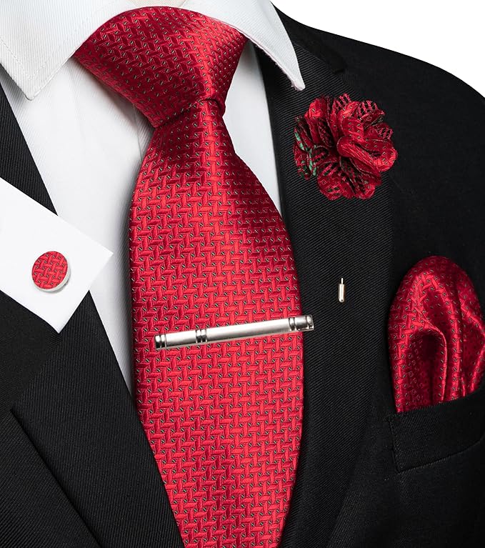 JEMYGINS Mens Tie and Pocket Square,Lapel Pin,Cufflinks,Tie Clip Sets with Gift Box 5PCS