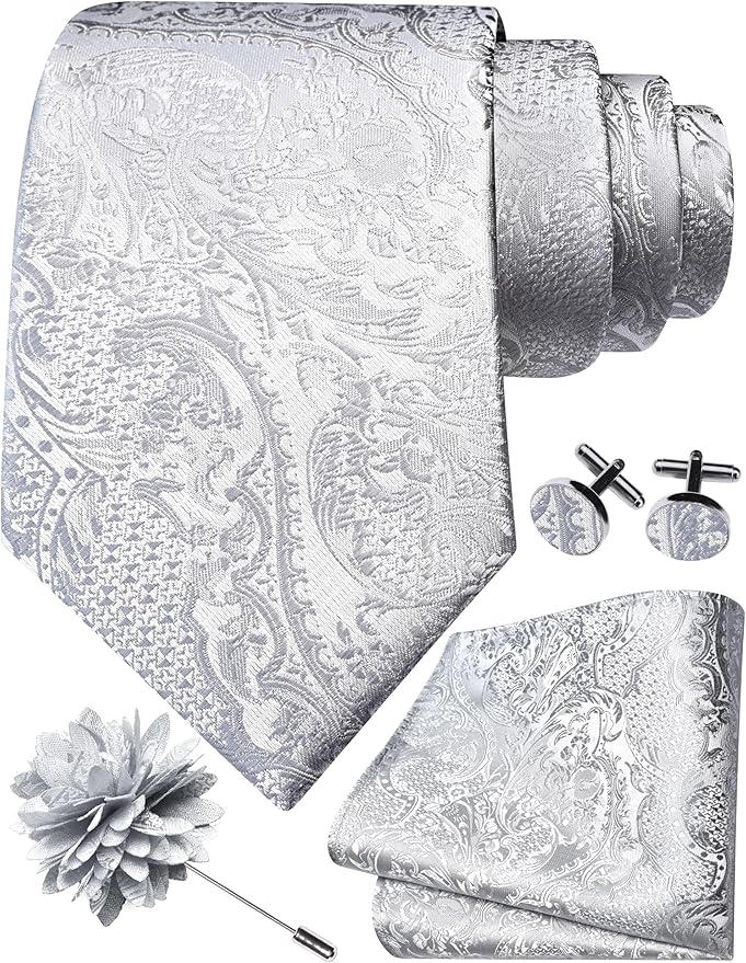 GUSLESON 8cm Paisley Tie Set for Men Necktie Lapel Pin Pocket Square Cufflinks Set for Men