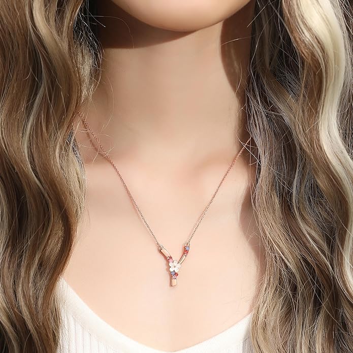 Flower Initial Letter Necklace Pink Red Blue Simulated Pearl Pendant Name Jewelry Made with Austrian Crystals Rose Gold Plated Anniversary Birthday Gifts for Women,18"+2"