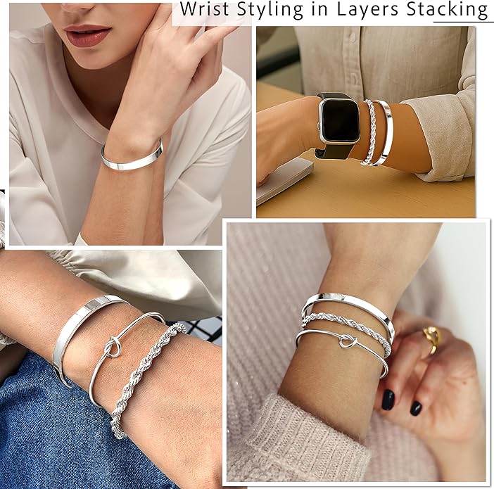 Silver Bracelets for Women Stack, Silver or Gold Plated Cuff Bangle Set, Trendy Silver Jewelry for Women Fashion