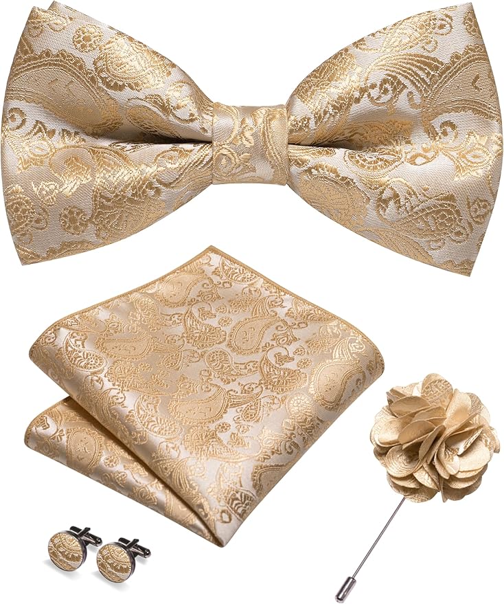 JEMYGINS Paisley Pre-tied Bow Tie and Pocket Square Cufflinks Lapel Pin Sets for Men 4PCS