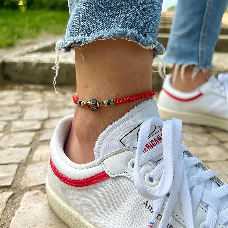 Made by Nami Boho Surfer Anklet Waterproof & Adjustable Beaded Anklets for Women Beachy Ankle Bracelet Made from Waxed Cotton Rope and Beads for Summer and Hippie Style (Red)