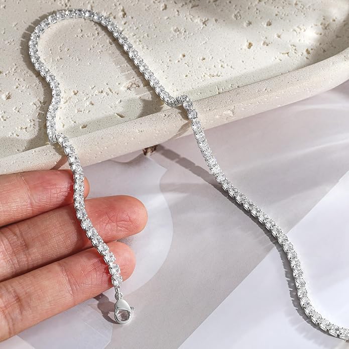Tennis Necklace for Women, 14K Gold/Silver Plated Rhinestone Choker Necklaces for Women, Dainty Cubic Zirconia Cut Faux Diamond Chain