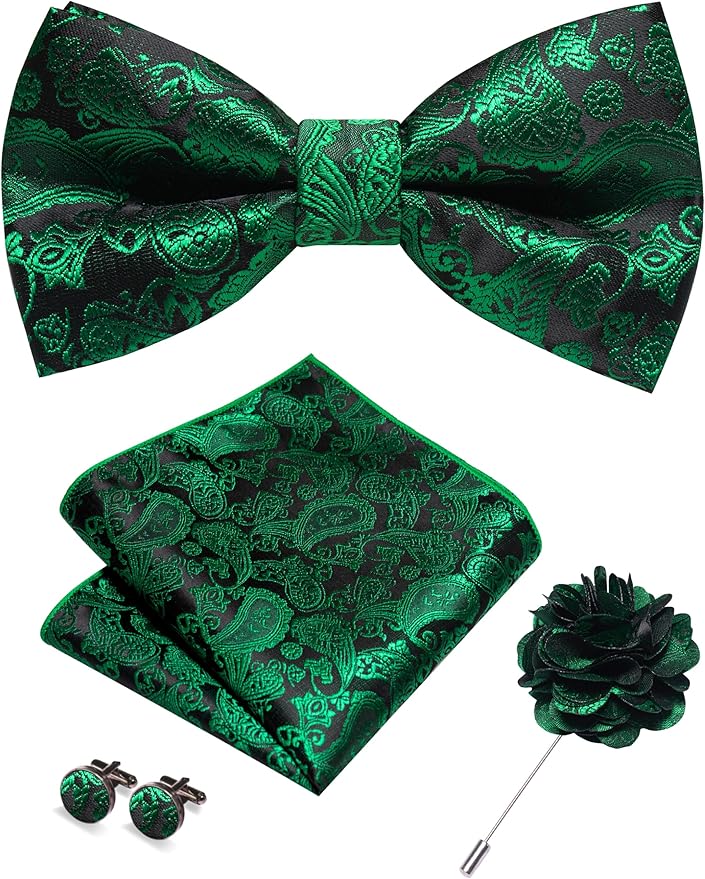 JEMYGINS Paisley Pre-tied Bow Tie and Pocket Square Cufflinks Lapel Pin Sets for Men 4PCS