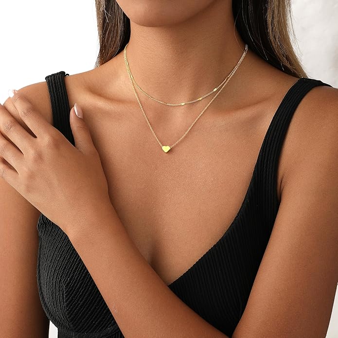 Layered Gold Necklace for Women Trendy 14K Gold Plated Heart CZ Pendant Layered Gold Necklaces Set Coin Choker Necklaces Simple Circle Cubic Zirconia Pearl Necklace Stack Herringbone Paperclip Chain Jewelry Set