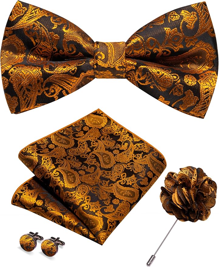 JEMYGINS Paisley Pre-tied Bow Tie and Pocket Square Cufflinks Lapel Pin Sets for Men 4PCS