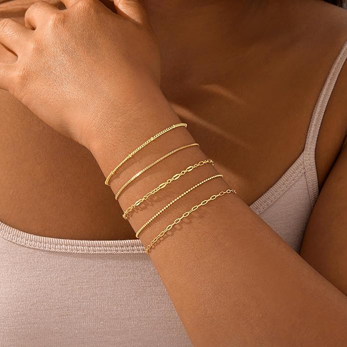 Gold Bracelets for Women Trendy,14K Gold Plated Dainty Stackable Paperclip Cuban Link Chain Bracelets, Simple Cute Cuff Bracelets Jewelry Set Adjustable 7"+2"