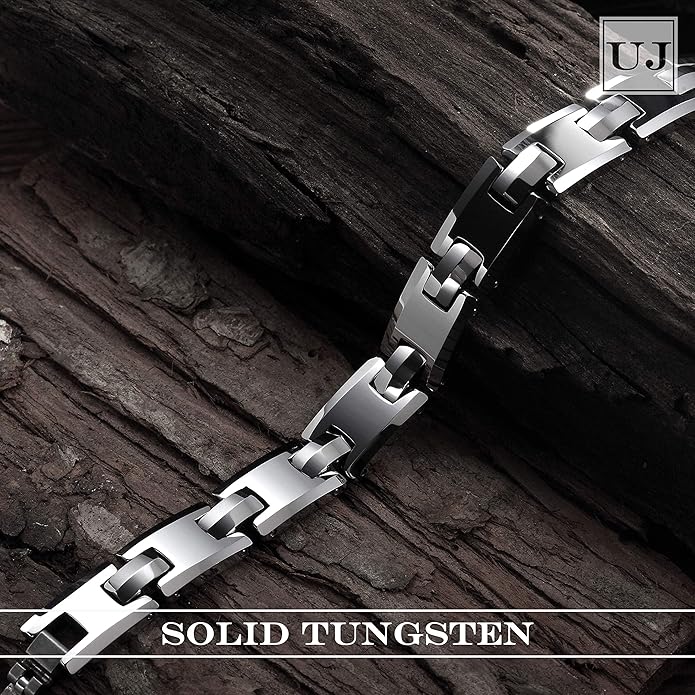 Urban Jewelry Men’s Tungsten Carbide Link Bracelet Collection – 8.3–8.5" Length, 10 mm Heavy Chain, Cross, Track, Box & Wheat Styles, Scratch & Tarnish Resistant, Secure Snap‑Lock, Gift Box