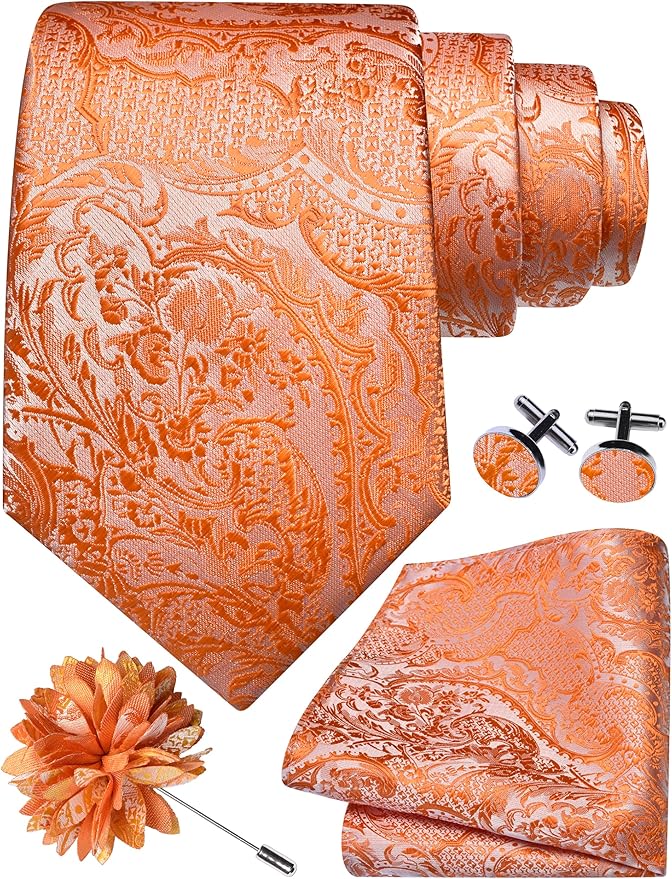 GUSLESON 8cm Paisley Tie Set for Men Necktie Lapel Pin Pocket Square Cufflinks Set for Men